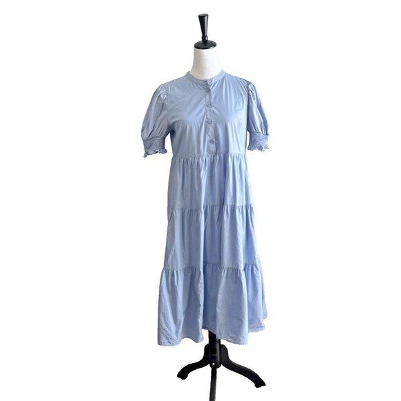 WHO WHAT WEAR Light Blue Tiered Dress 100% Cotton White Pockets Puff Sleeve Sz S - Picture 1 of 13